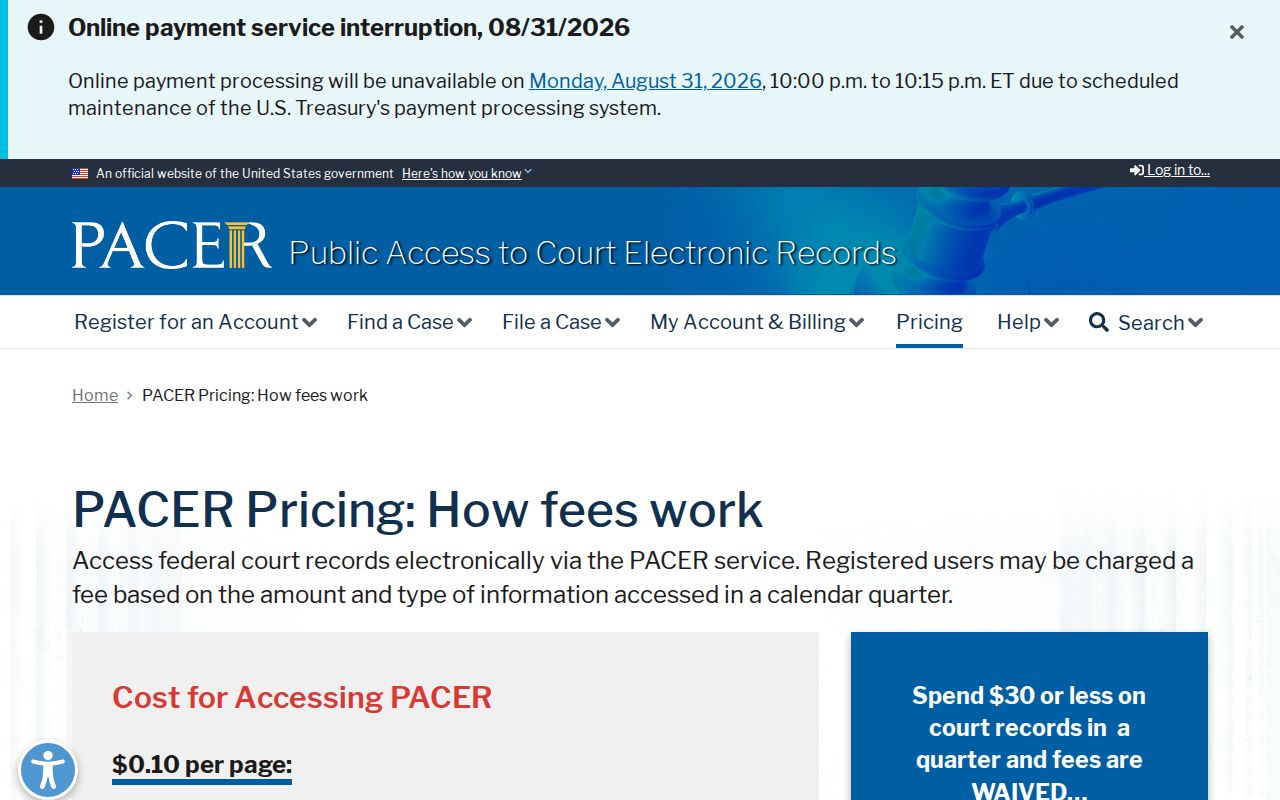 Macon County court records related PACER pricing screen